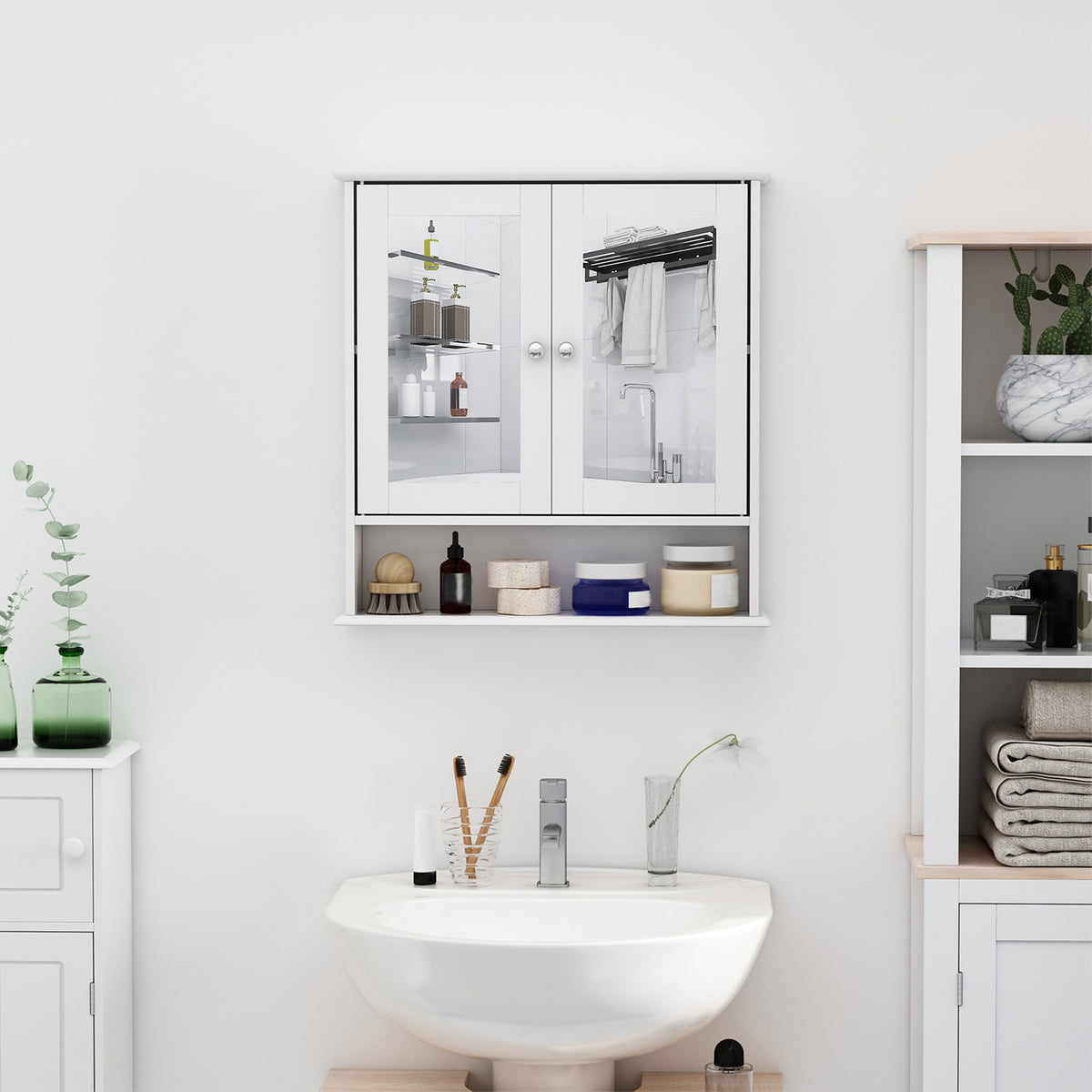 Armoire Murale étagère Salle de Bain 56L x 13l x 58H cm Double Porte Miroir étagère réglable MDF Gris-9