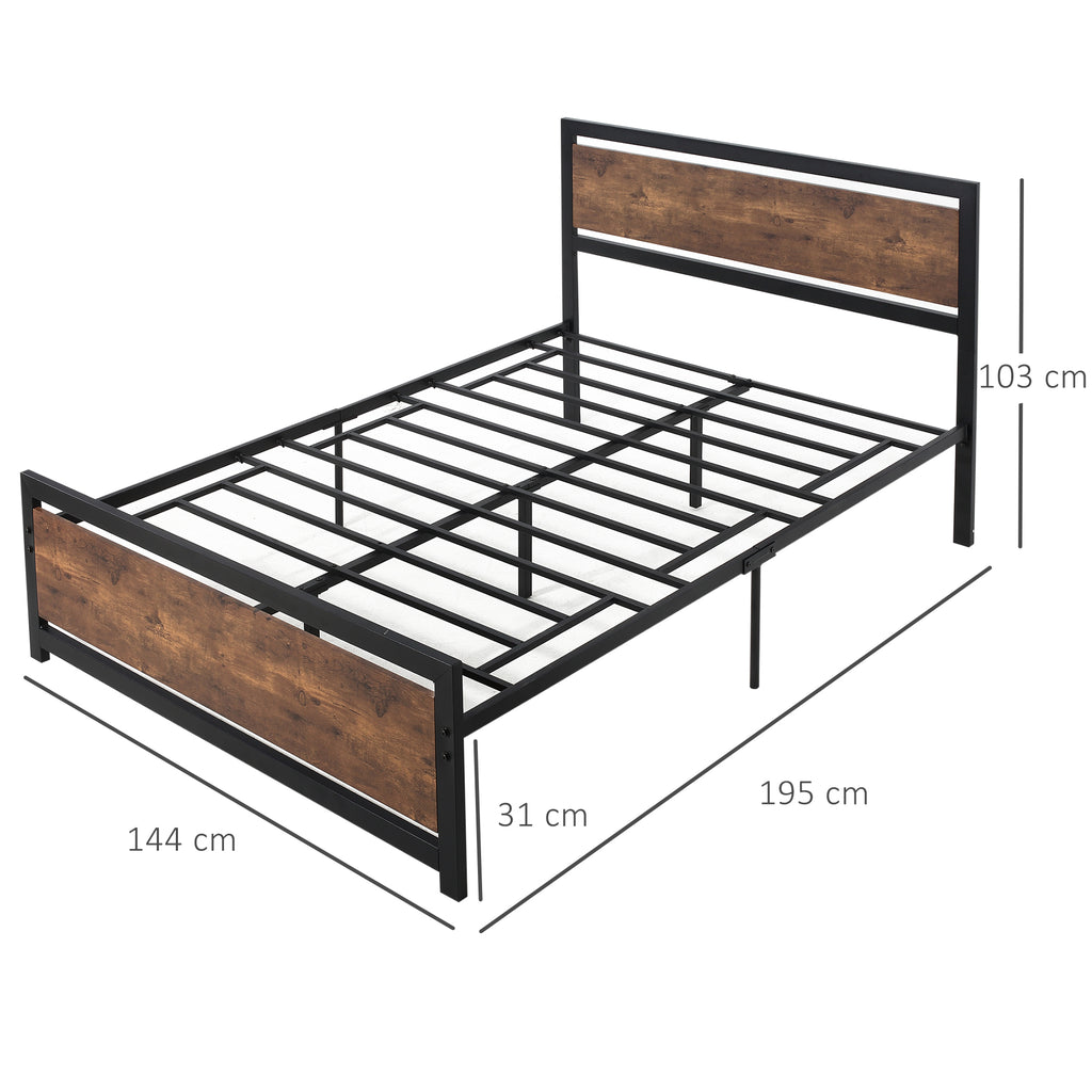 Cadre de lit double en acier avec sommier et tête de lit compatible matelas 190 x 140 cm aspect bois foncé-2