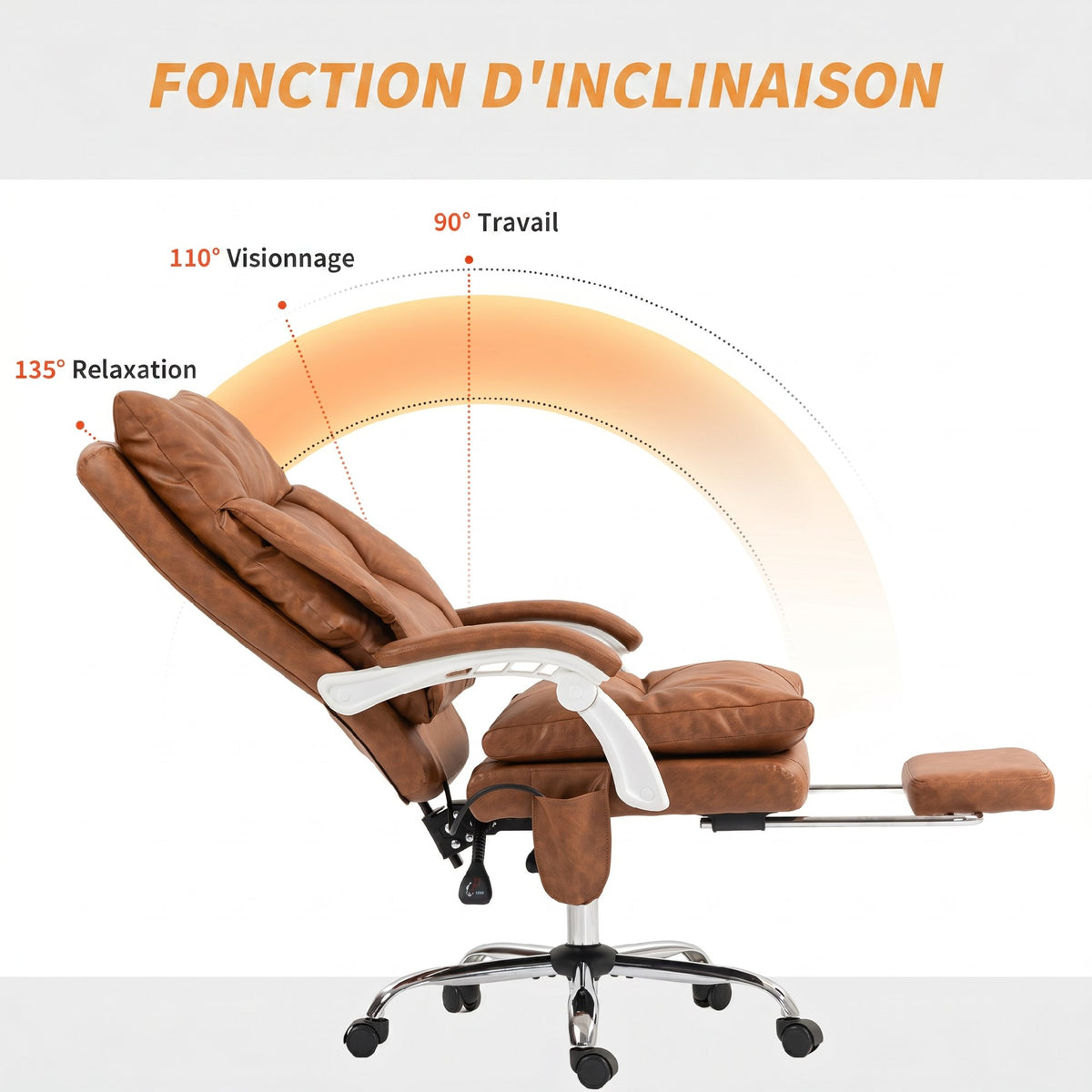 Chaise bureau ergonomique fauteuil de bureau en PU soutien lombaire gonflable dossier inclinable hauteur réglable marron-6