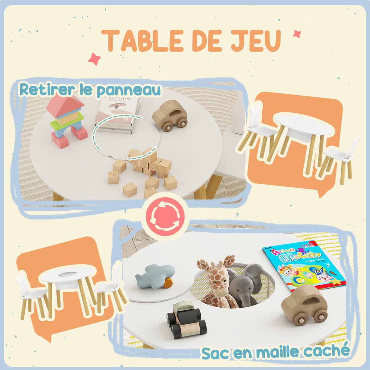 Ensemble 1 table ronde, 2 chaises pour enfant 3 pièces, dossier en forme d'ours, activités, bricolage, repas, 3-6 ans-4