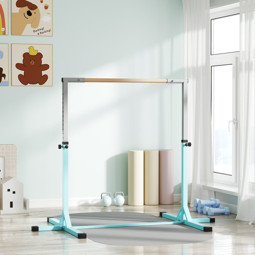 Barre fixe de gymnastique pour enfant, hauteur réglable 13 niveaux de 92-150 cm, en acier et bois en hêtre, cyan-9