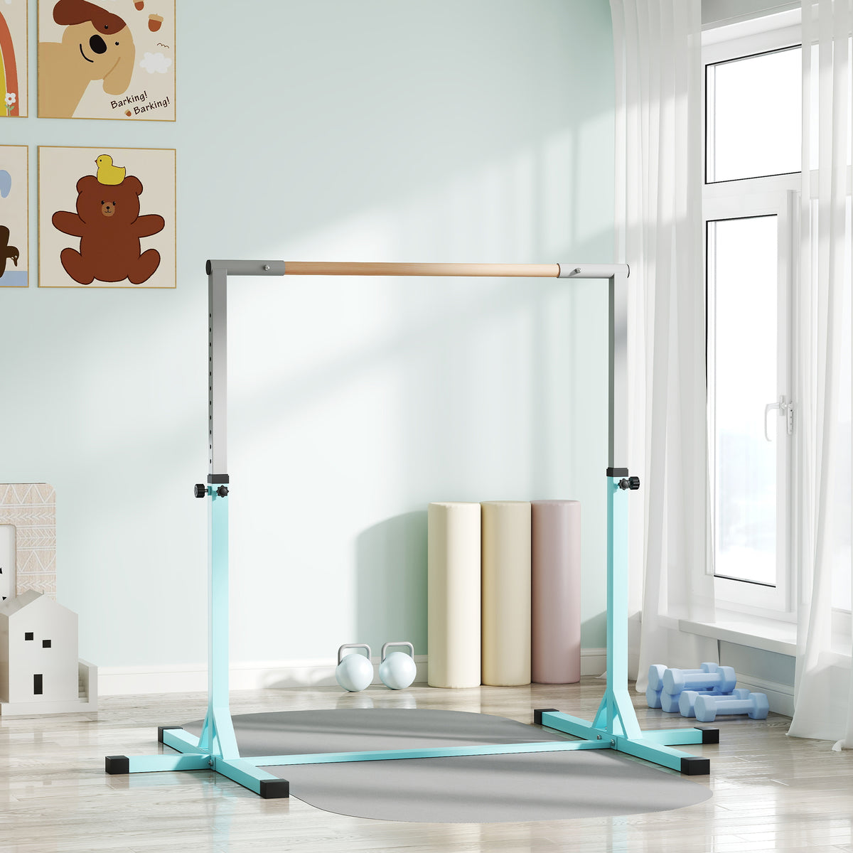 Barre fixe de gymnastique pour enfant, hauteur réglable 13 niveaux de 92-150 cm, en acier et bois en hêtre, cyan-9