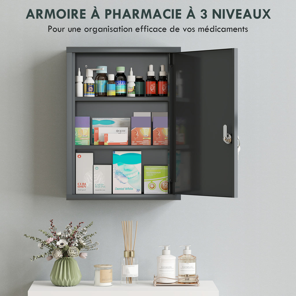 Armoire à pharmacie murale en acier, armoire à médicaments à 3 niveaux porte verrouillable 2 clés, 40x15x53,5cm, gris-4