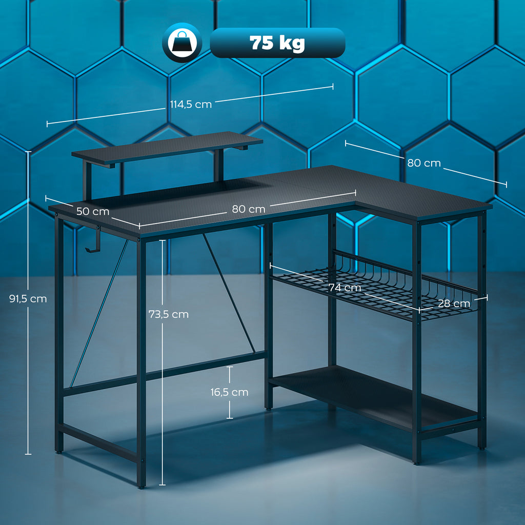 Bureau gaming réversible, bureau gaming d'angle, support pour écran, étagère en maille réglable, 114,5x82x91,5cm, noir-2