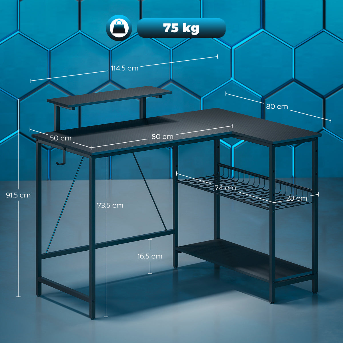 Bureau gaming réversible, bureau gaming d'angle, support pour écran, étagère en maille réglable, 114,5x82x91,5cm, noir-2