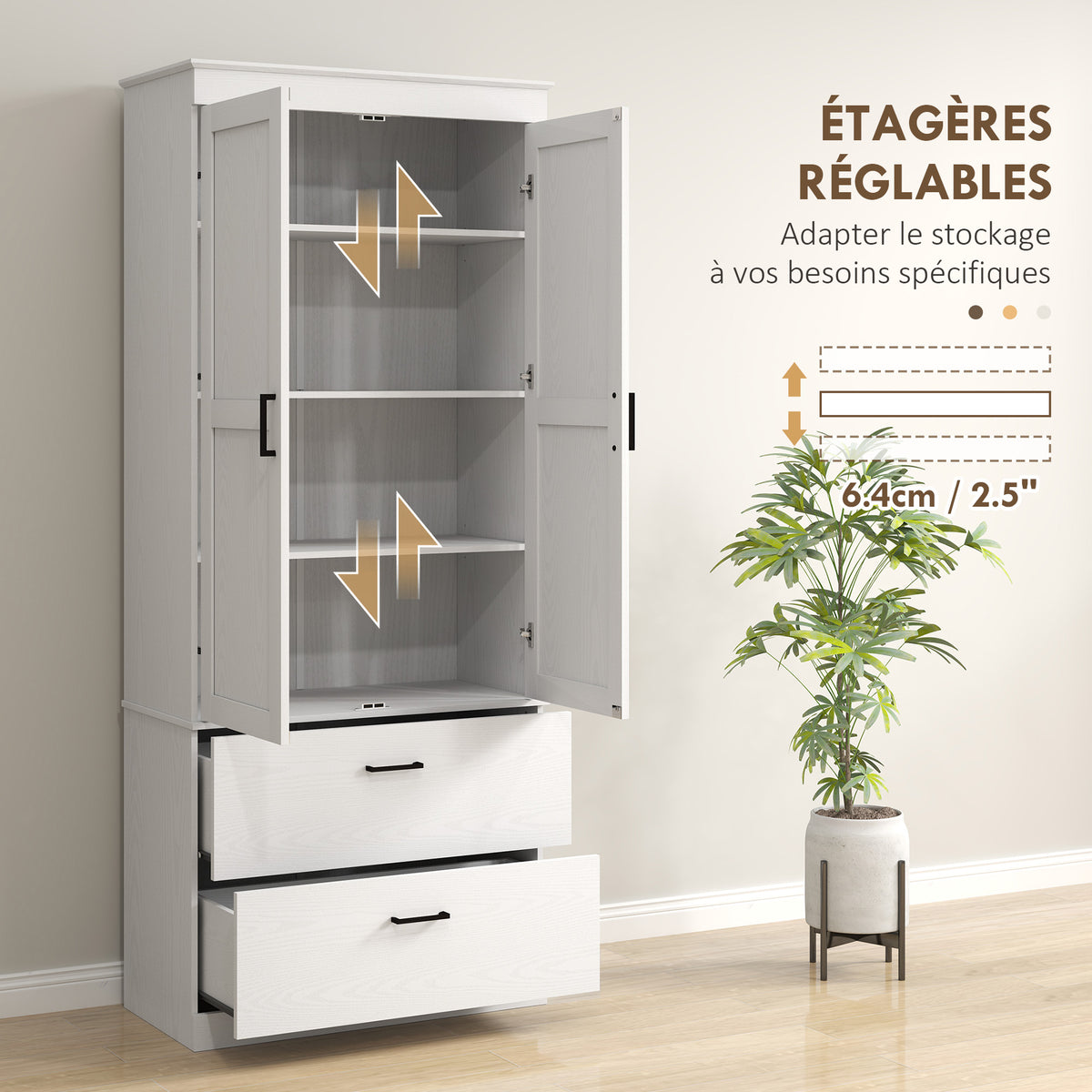Armoire de cuisine buffet cuisine vaisselier meuble de rangement avec placard, 2 tiroirs et étagères réglables, crème-5