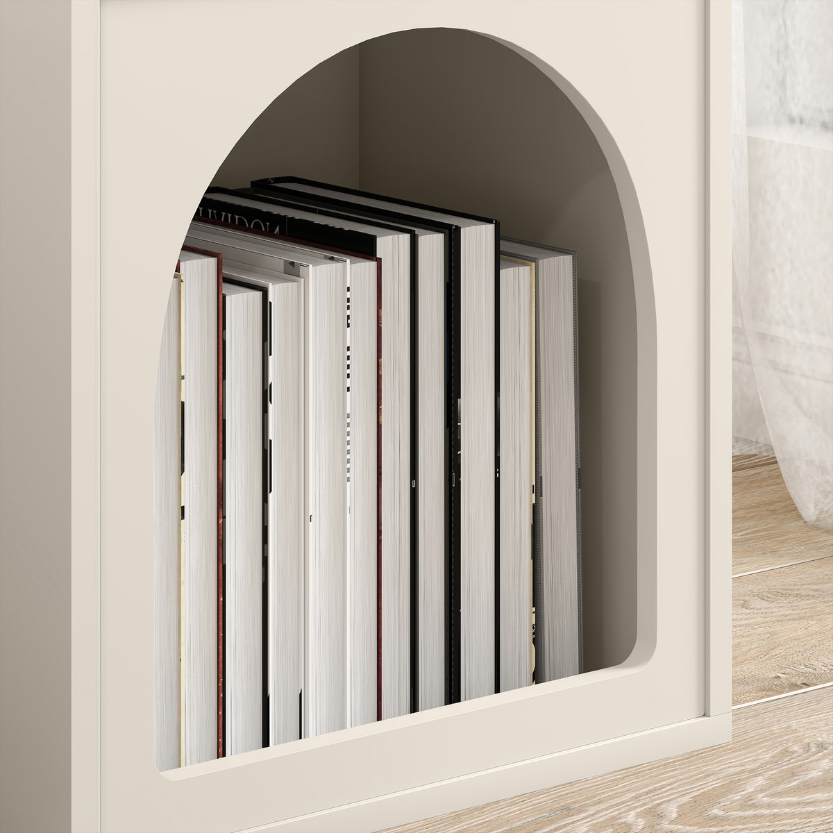 Table de chevet, table de nuit avec compartiments ouverts, design arqué, 40 x 30 x 60 cm, crème-8