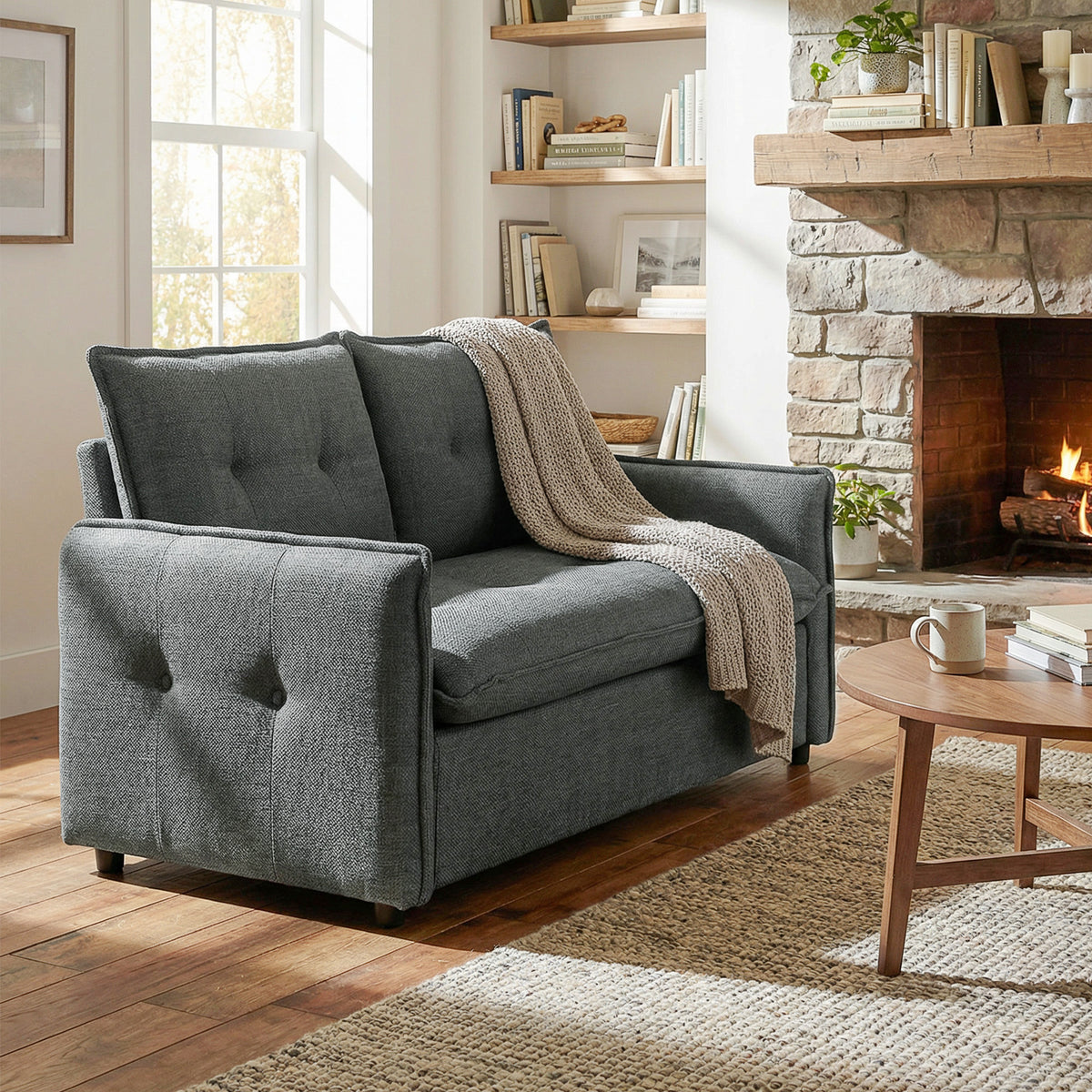 Canapé 2 places, canapé de salon moderne 131 cm avec assise rembourrée, coussins à ressorts, tissu en lin, gris foncé-7