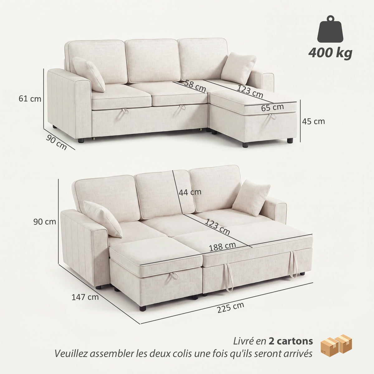Canapé d'Angle Convertible en Chenille, Canapé-Lit 3 Places Modulaire 225 cm avec Pouf de Rangement, Beige-2