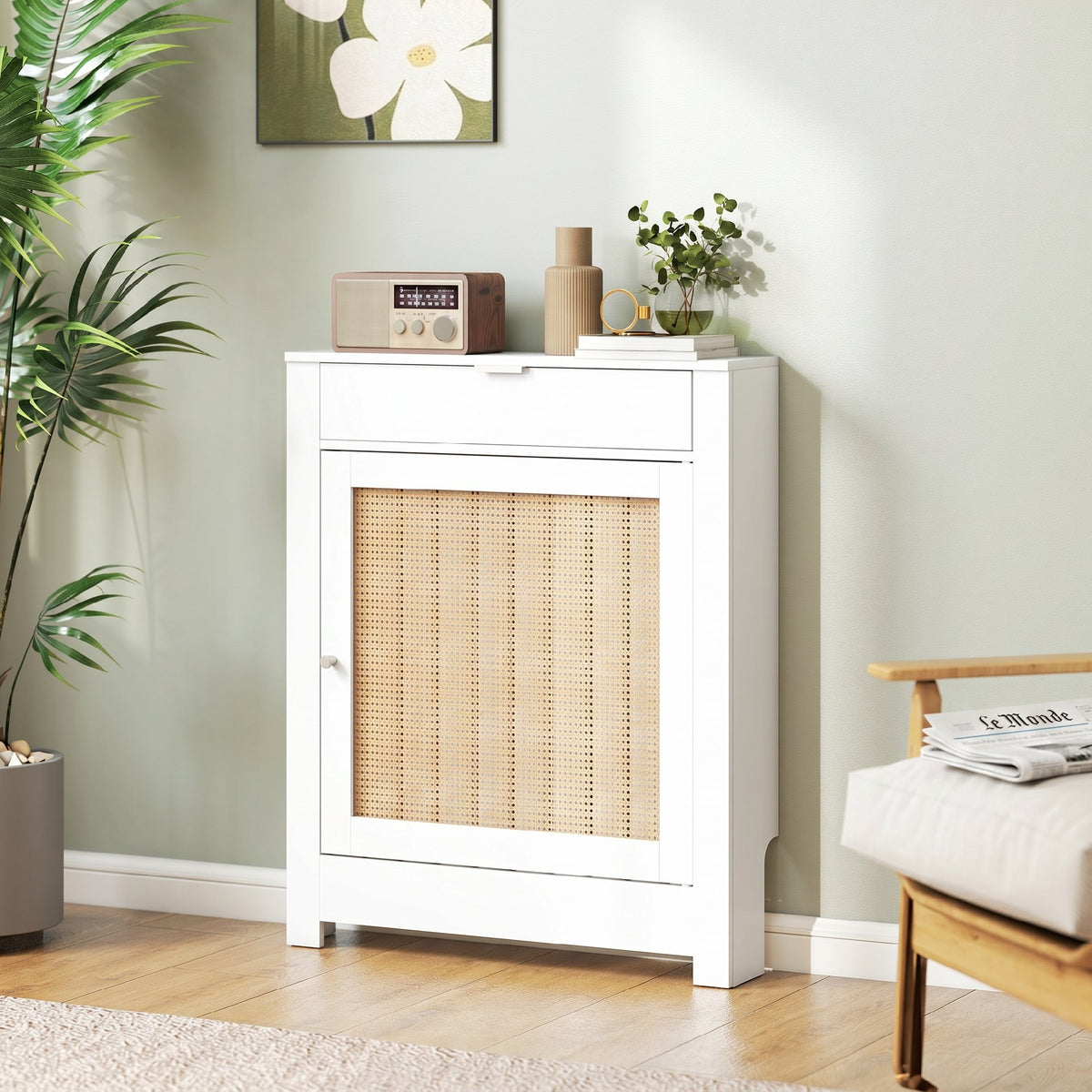Cache-Radiateur avec Placard Rabattable et Porte en Rotin, Couvercle de Radiateur en Bois avec Compartiment, Blanc-7