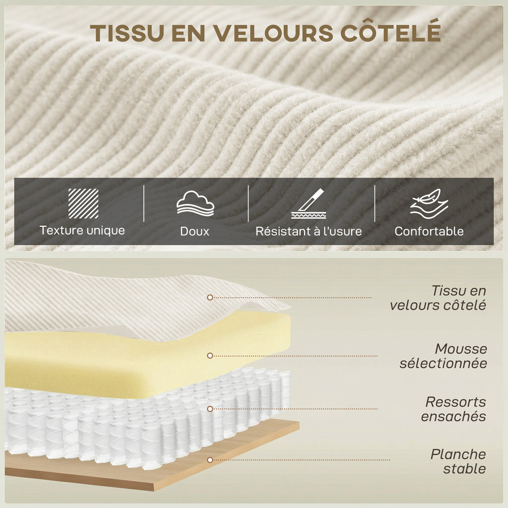 Canapé 3 places en velours côtelé 218 cm, canapé salon,  coussins à ressorts, larges accoudoirs, 2 coussins, beige-3