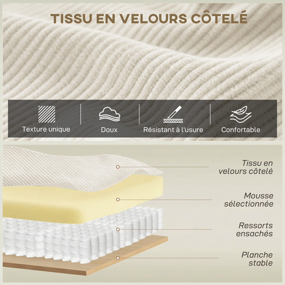 Canapé 3 places en velours côtelé 218 cm, canapé salon,  coussins à ressorts, larges accoudoirs, 2 coussins, beige-3