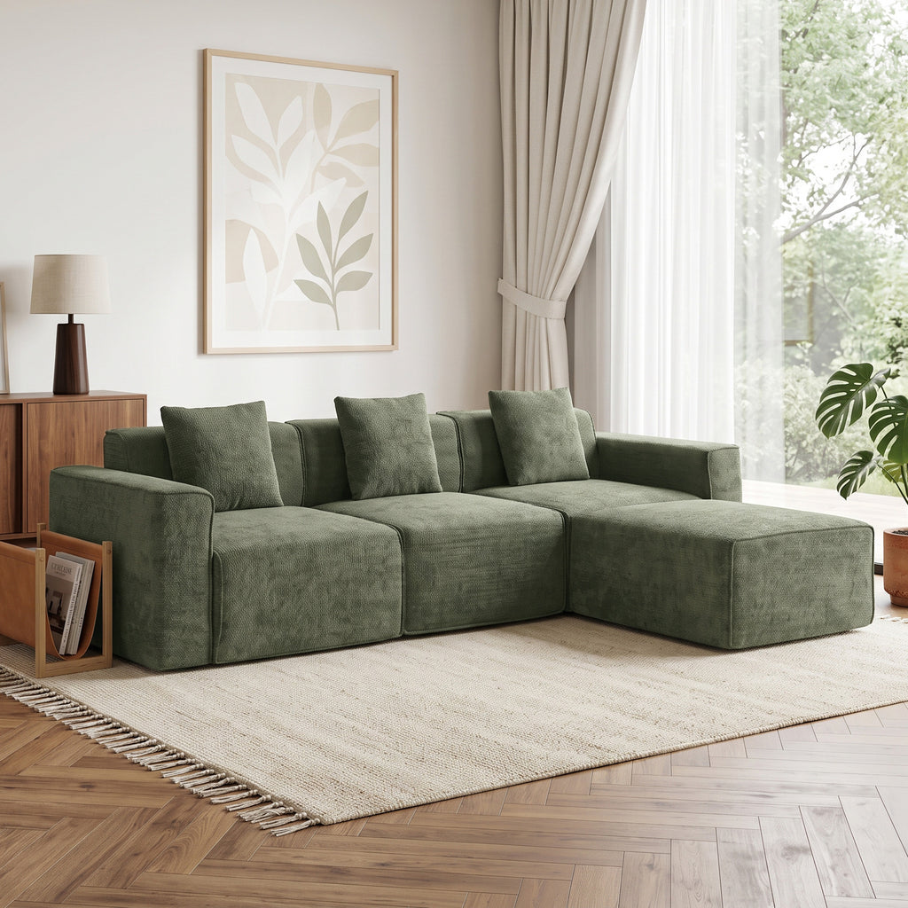 Canapé 3 Places avec Pouf Réversible, Canapé d'Angle Modulable en Chenille 251 cm Moderne, Assise Large, Vert-1