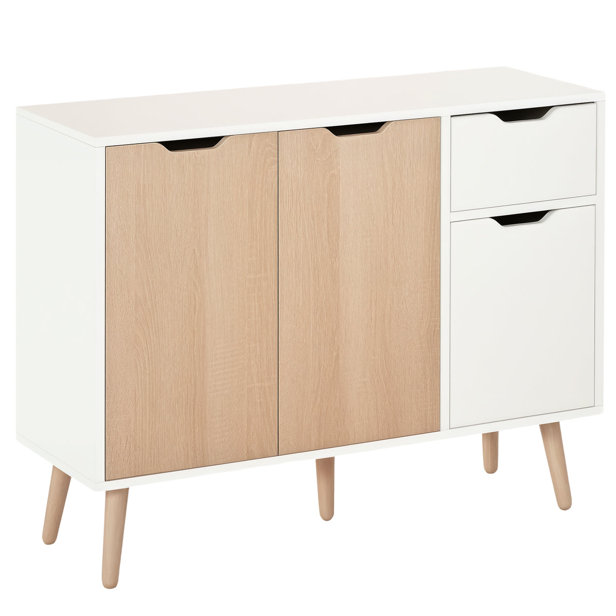 Buffet design scandinave 2 placards tiroir coulissant pieds bois massif pin panneaux particules blanc chêne clair-0