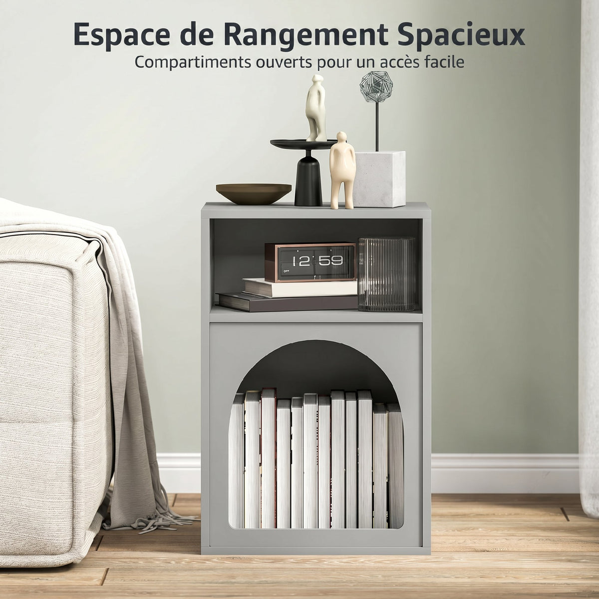 Lot de 2 tables de chevet, table de nuit avec compartiments ouverts, design arqué, 40 x 30 x 60 cm, gris-4