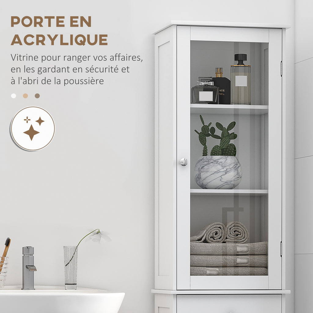 Meuble Colonne de Salle de Bain Placard Porte Acrylique 2 étagères Placard Porte 1 étagère tiroir MDF Blanc-4