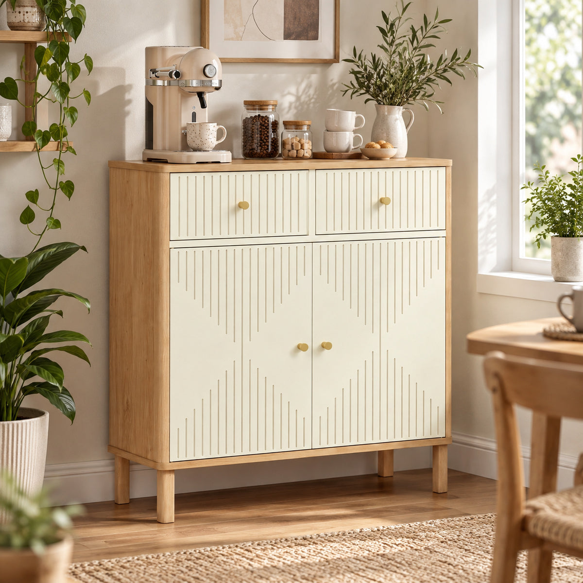 Buffet, meuble de rangement cannelé avec plateau effet chêne, 2 tiroirs, 2 portes, étagère réglable, 77x30x80cm, crème-7