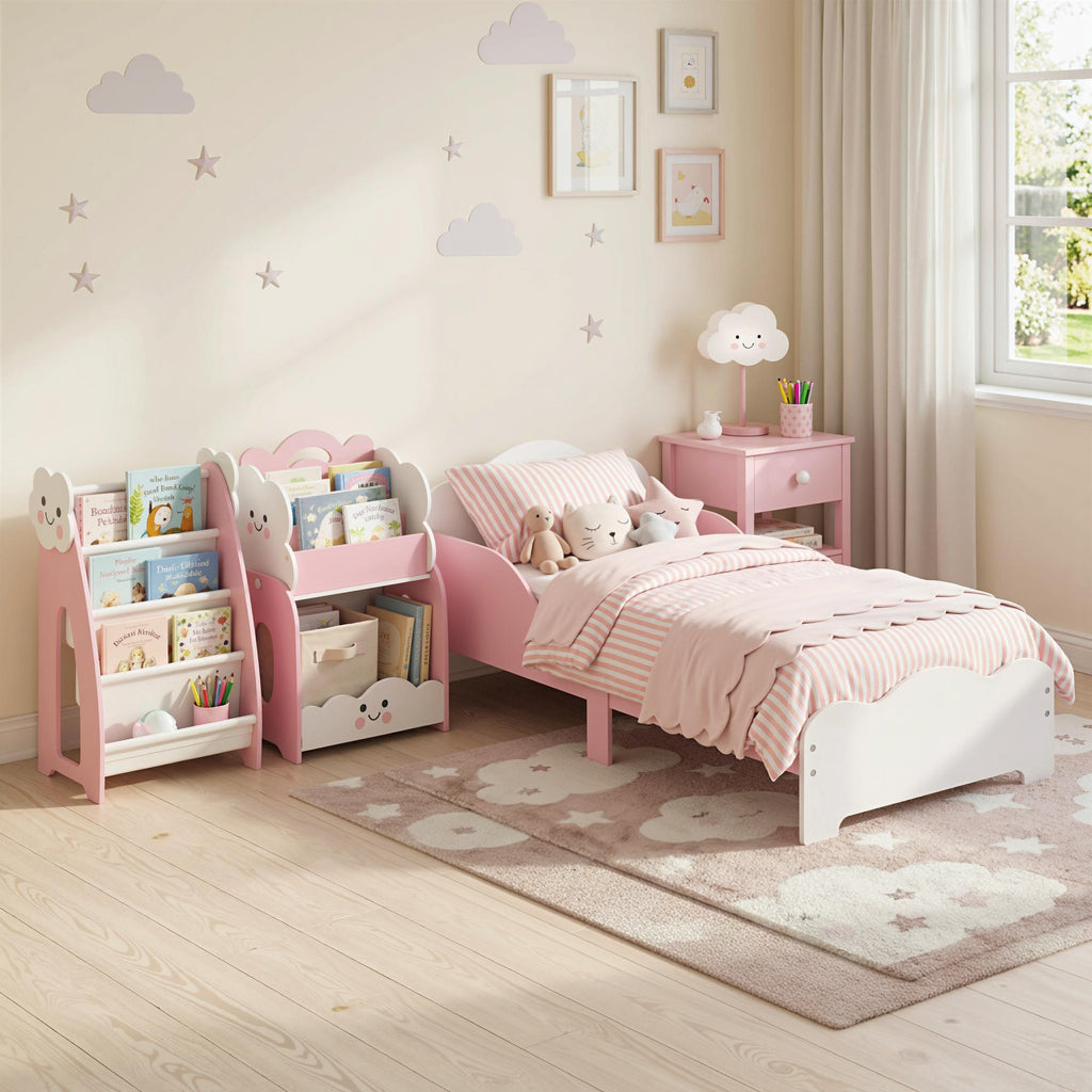 Lit enfant 70 x 140 cm, lit pour enfant avec barriere de securite et sommier à lattes en bois, rose (matelas non inclus)-7