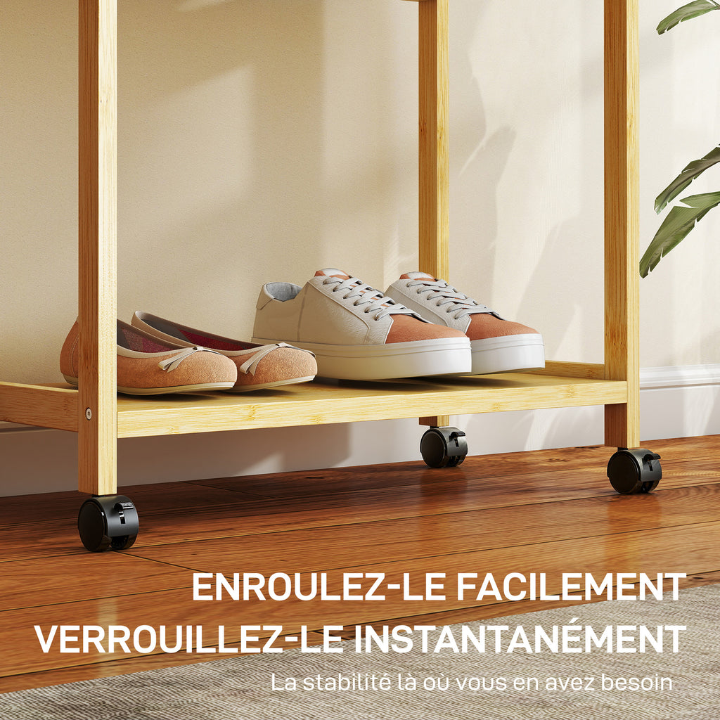 Portant à vêtements à roulettes, porte-manteau en bambou avec 2 étagères et tringle suspendue, 70x35x175cm, bois naturel-5