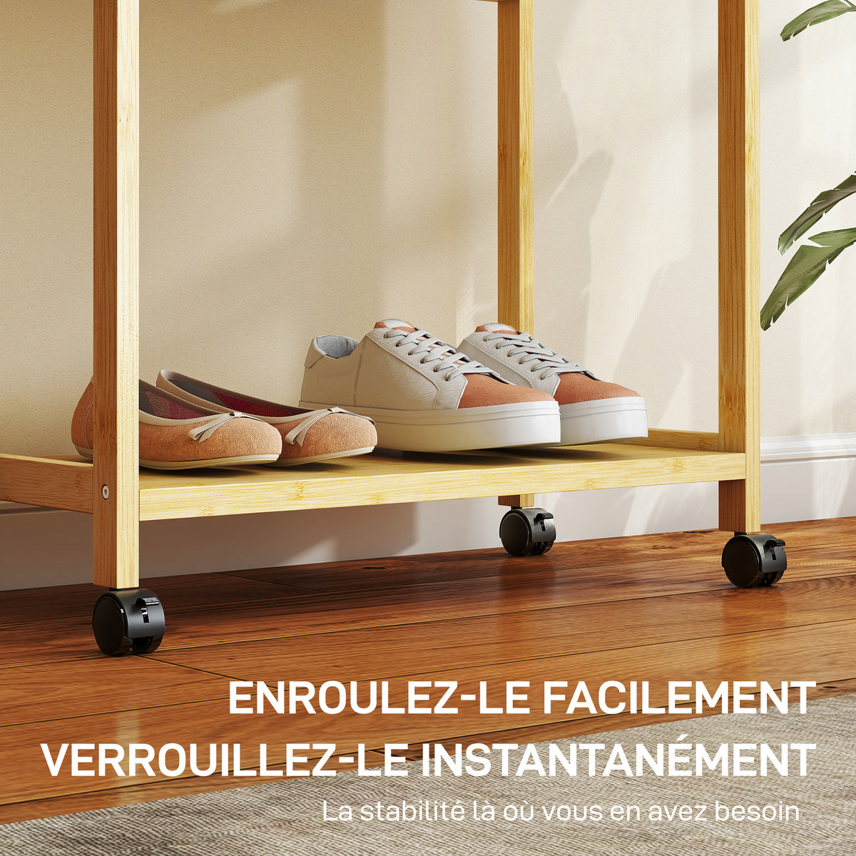 Portant à vêtements à roulettes, porte-manteau en bambou avec 2 étagères et tringle suspendue, 70x35x175cm, bois naturel-5