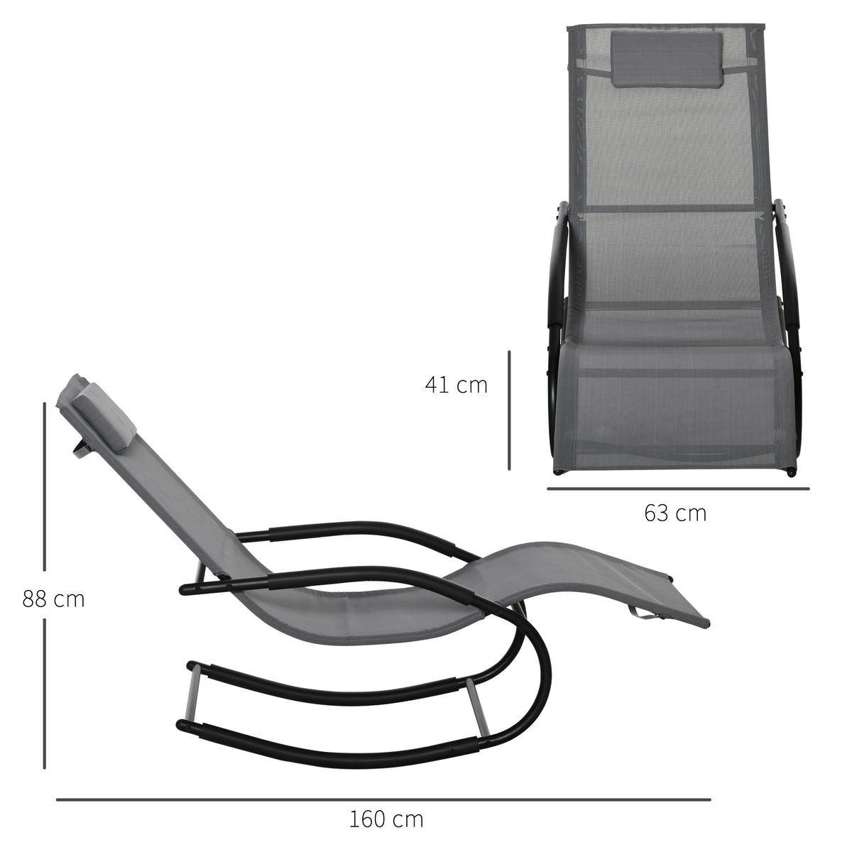 Chaise longue à bascule rocking chair ergonomique avec tétière accoudoirs métal galvanisé textilène Gris-2