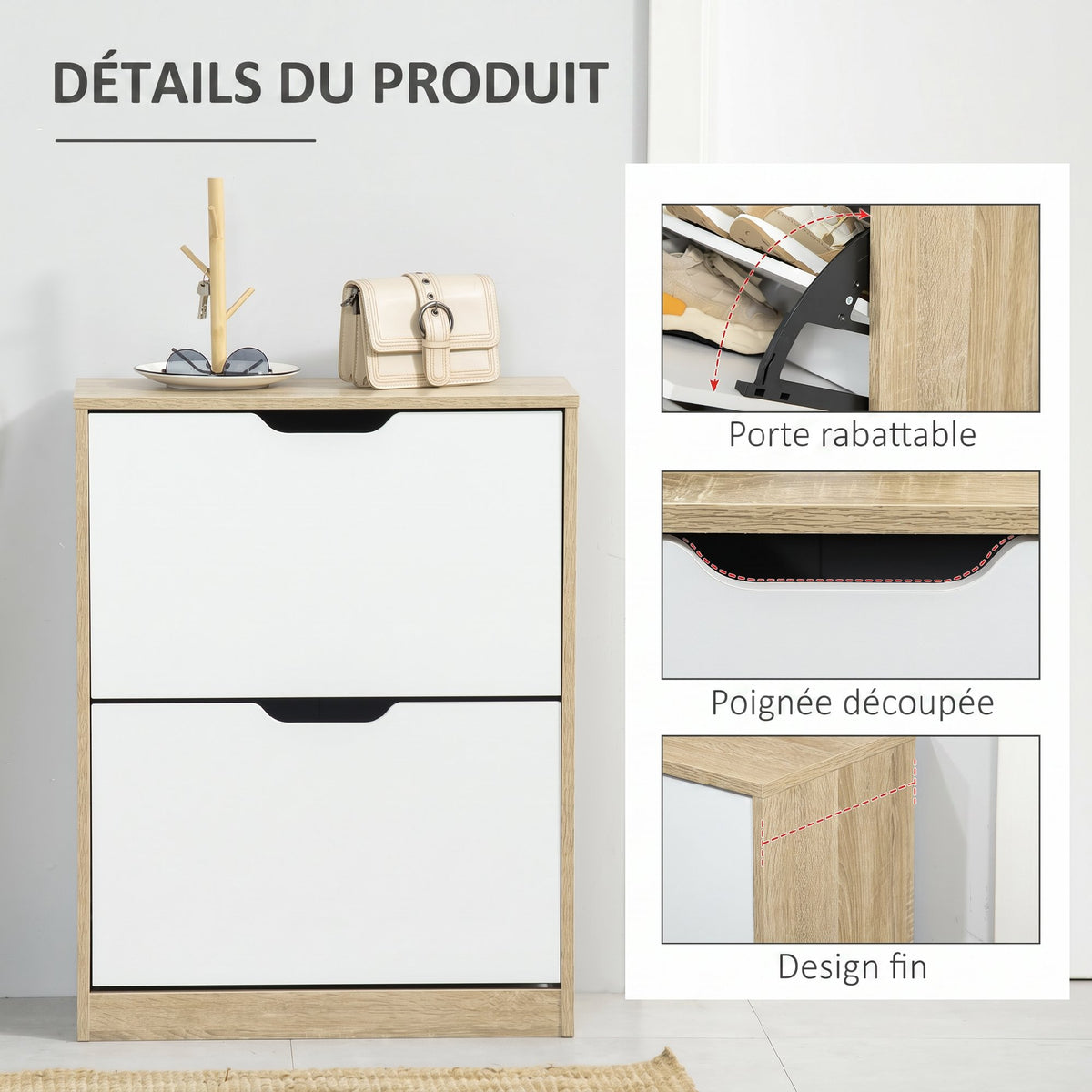 Meuble à chaussures 8 paires, armoire à chaussures étroite, 2 tiroirs rabattables, chêne et blanc-4