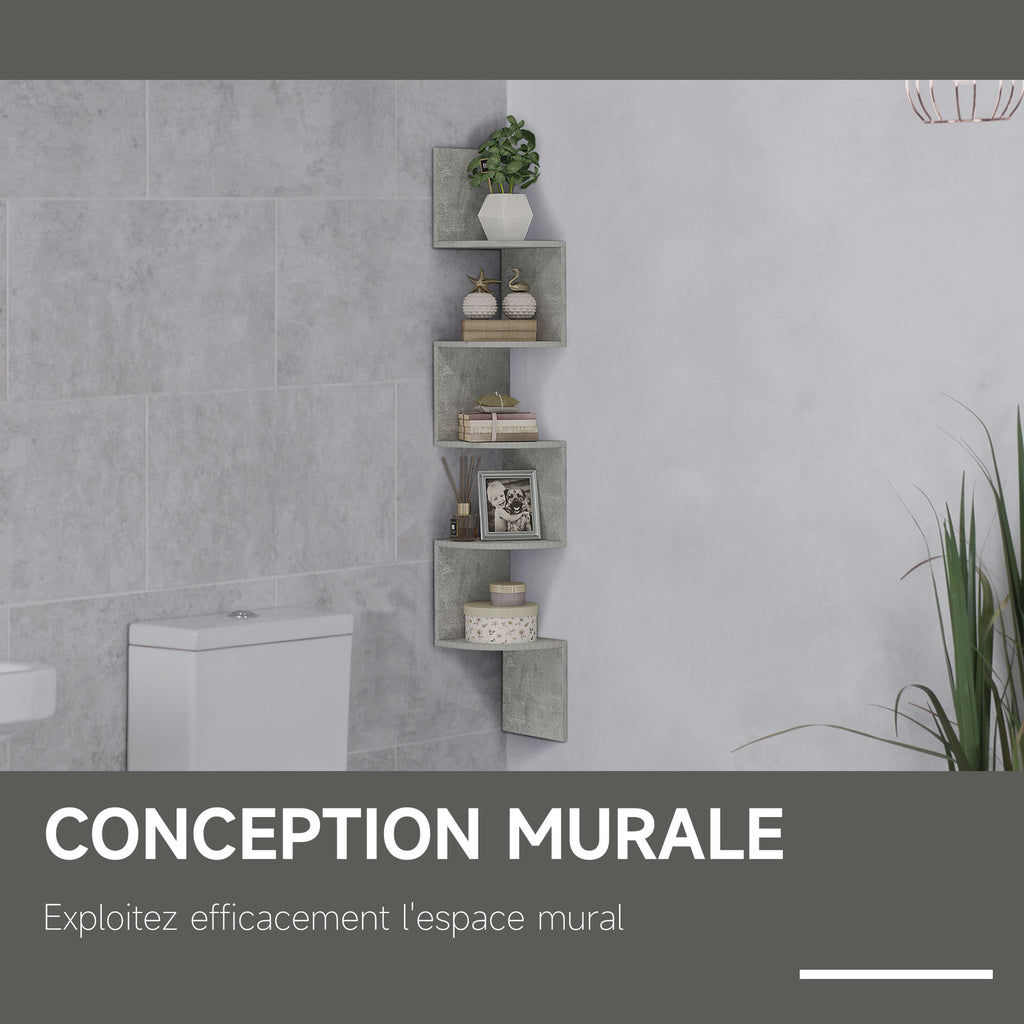 Étagère d'angle Murale de Rangement Forme Zigzag 20L x 20l x 126H cm 5 Niveaux Bois Gris-3