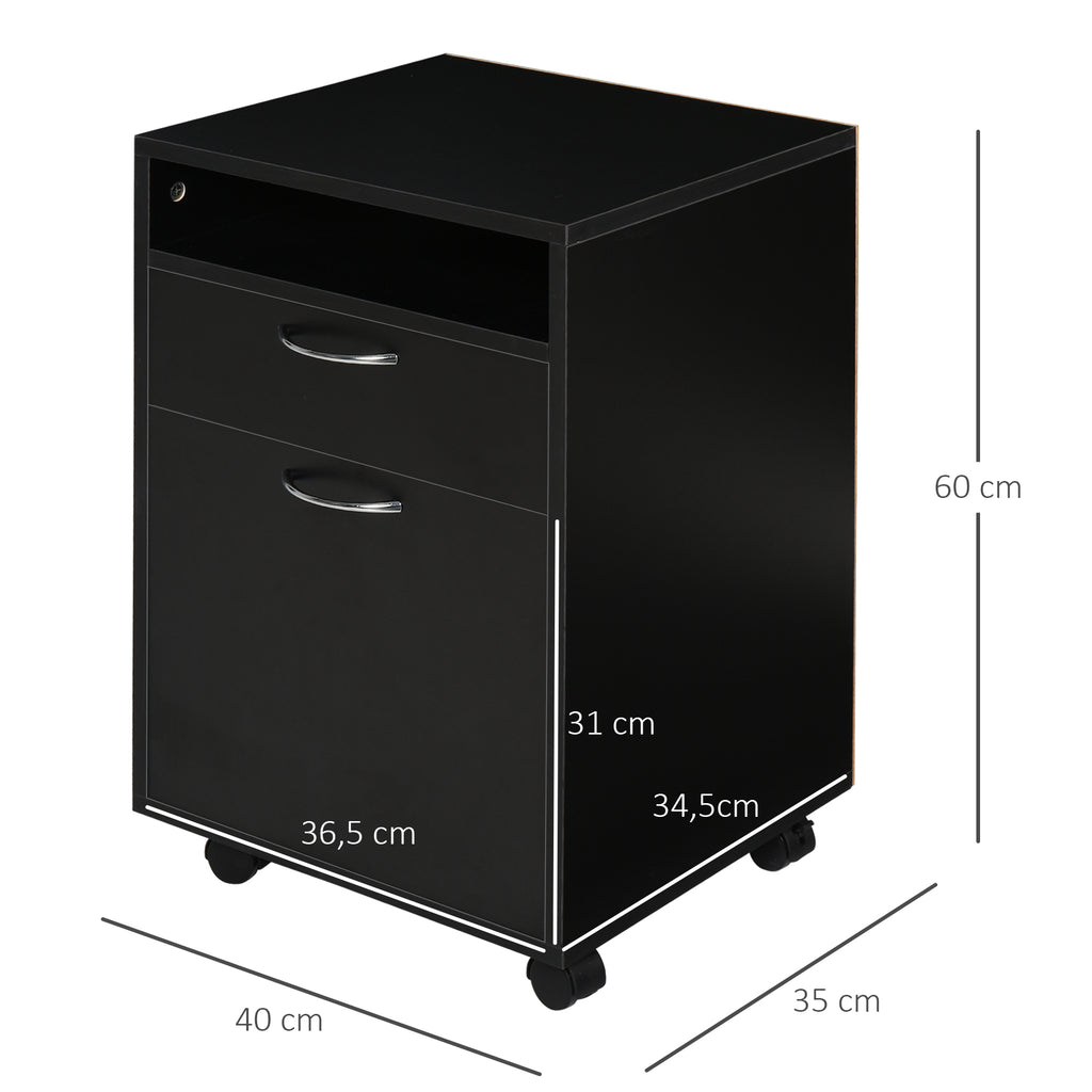 Caisson de bureau rangement bureau sur roulettes tiroir placard niche panneaux particules noir-2