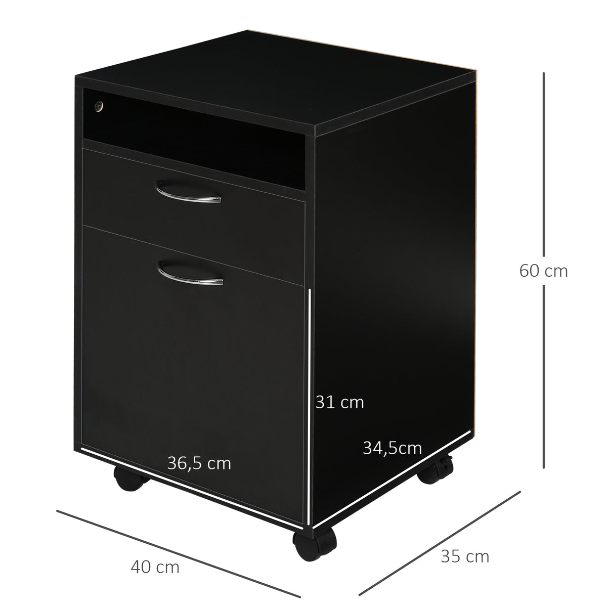 Caisson de bureau rangement bureau sur roulettes tiroir placard niche panneaux particules noir-2