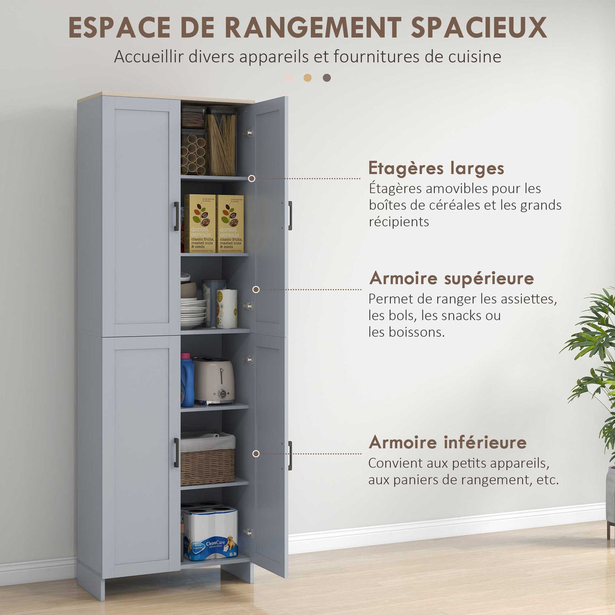 Armoire de cuisine hauteur 170 cm buffet haut avec 4 portes et étagères ajustable, design moderne, gris-3