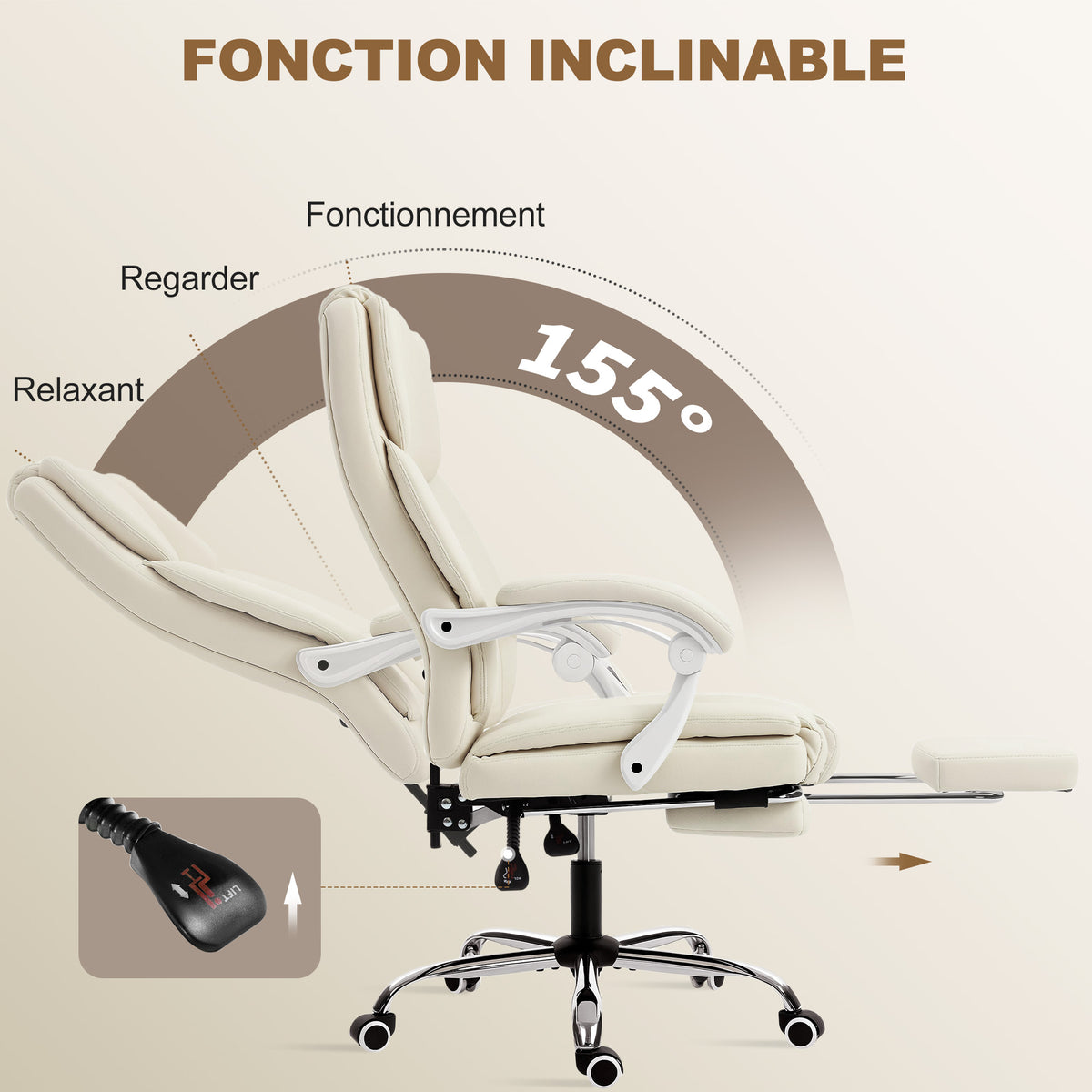 Chaise bureau ergonomique, fauteuil de bureau avec dossier inclinable, hauteur réglable, 64x73x112-120cm, beige-6