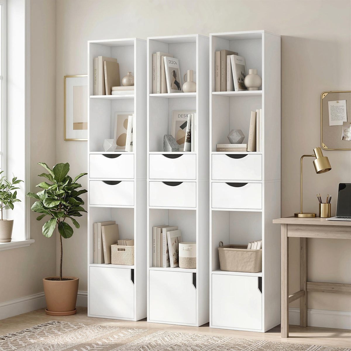 Bibliothèque étagère de rangement avec porte, 2 tiroirs, compartiments ouverts et étagère réglable, 30x24x158cm, blanc-8