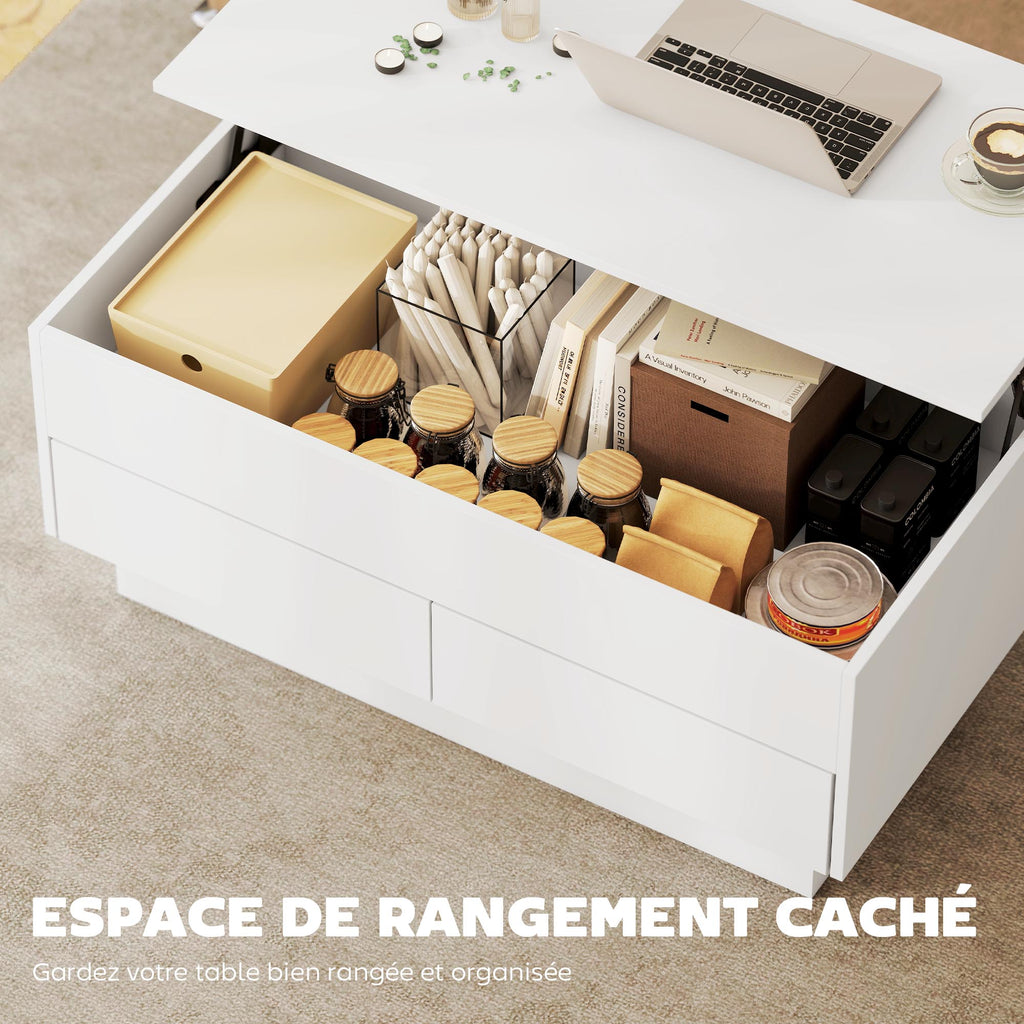 Table basse relevable, table de salon avec compartiment caché et 2 tiroirs, 100 x 50 x 44 cm, blanc-5