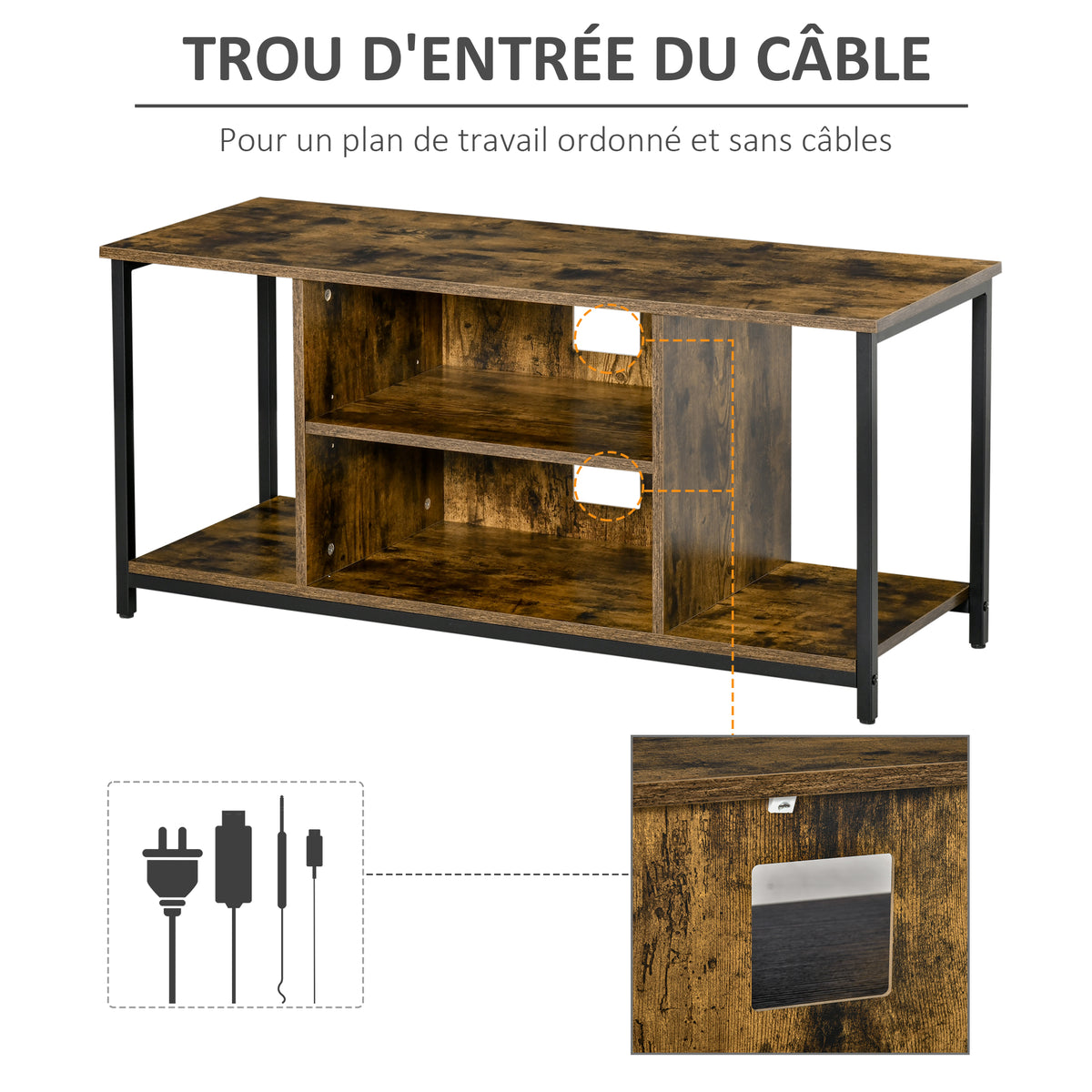 Meuble TV, meuble télé avec compartiments ouverts, étagère réglable, 110x40x50cm, brun rustique-4