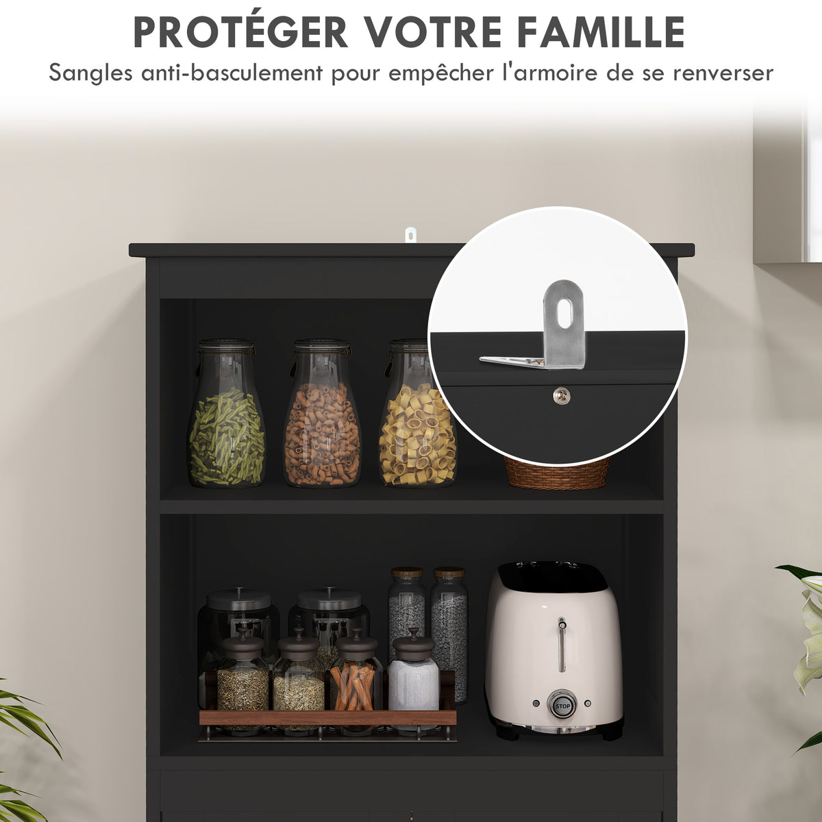 Armoire de cuisine buffet cuisine vaisselier meuble de rangement multi-rangements dim. 60I x 30P x 162H cm noir-6