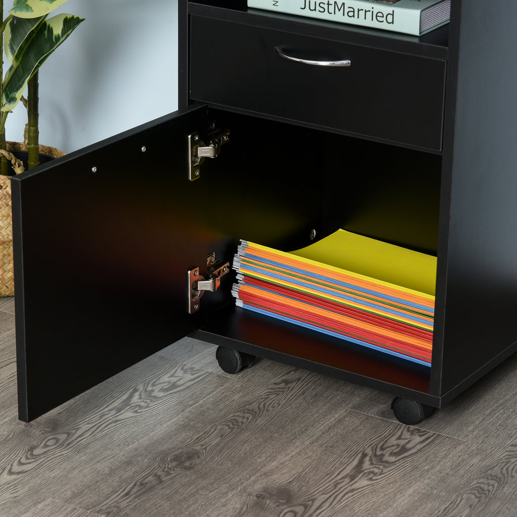 Caisson de bureau rangement bureau sur roulettes tiroir placard niche panneaux particules noir-8