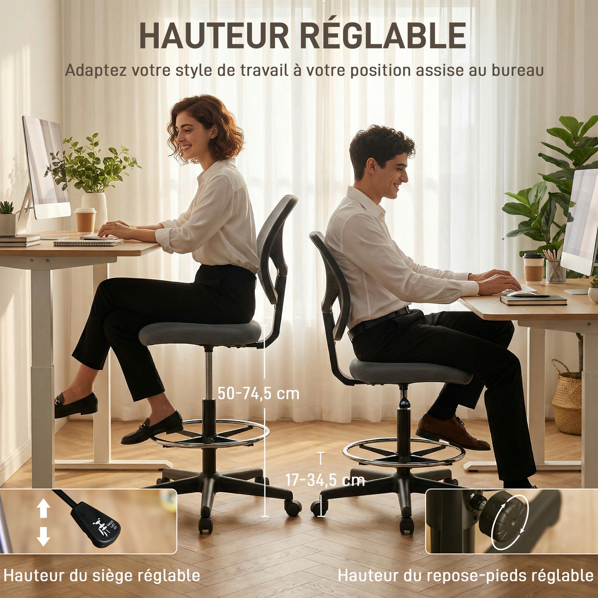 Chaise bureau ergonomique, fauteuil de bureau avec repose-pieds, chaise à dessin en maille, hauteur réglable, gris foncé-3