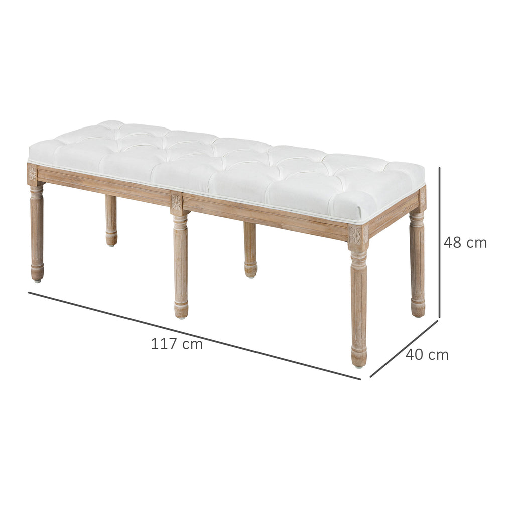 Banc bout de lit banquette capitonnée style vintage français revêtement tissu aspect lin pieds en bois massif crème-2