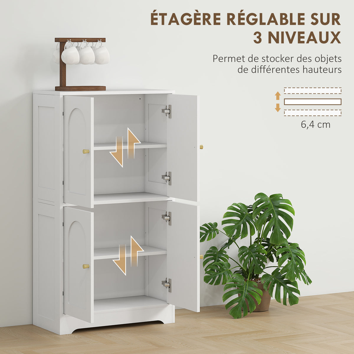 Buffet cuisine, meuble cuisine rangement avec 4 portes cintrées et 2 étagères réglables, 60 x 30 x 110 cm, blanc-5