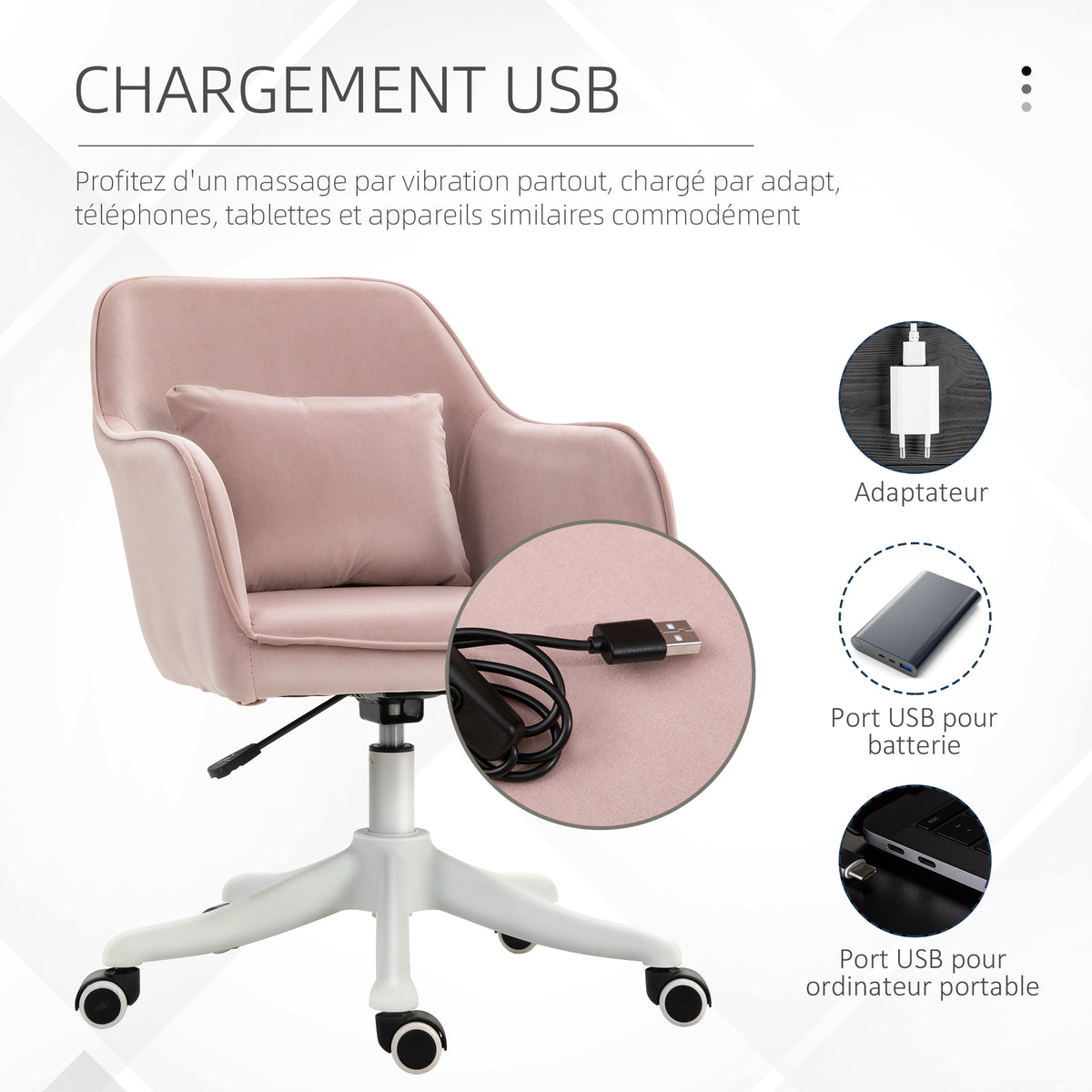 Chaise de bureau velours fauteuil bureau massant coussin lombaire intégré hauteur réglable rose poudré-4