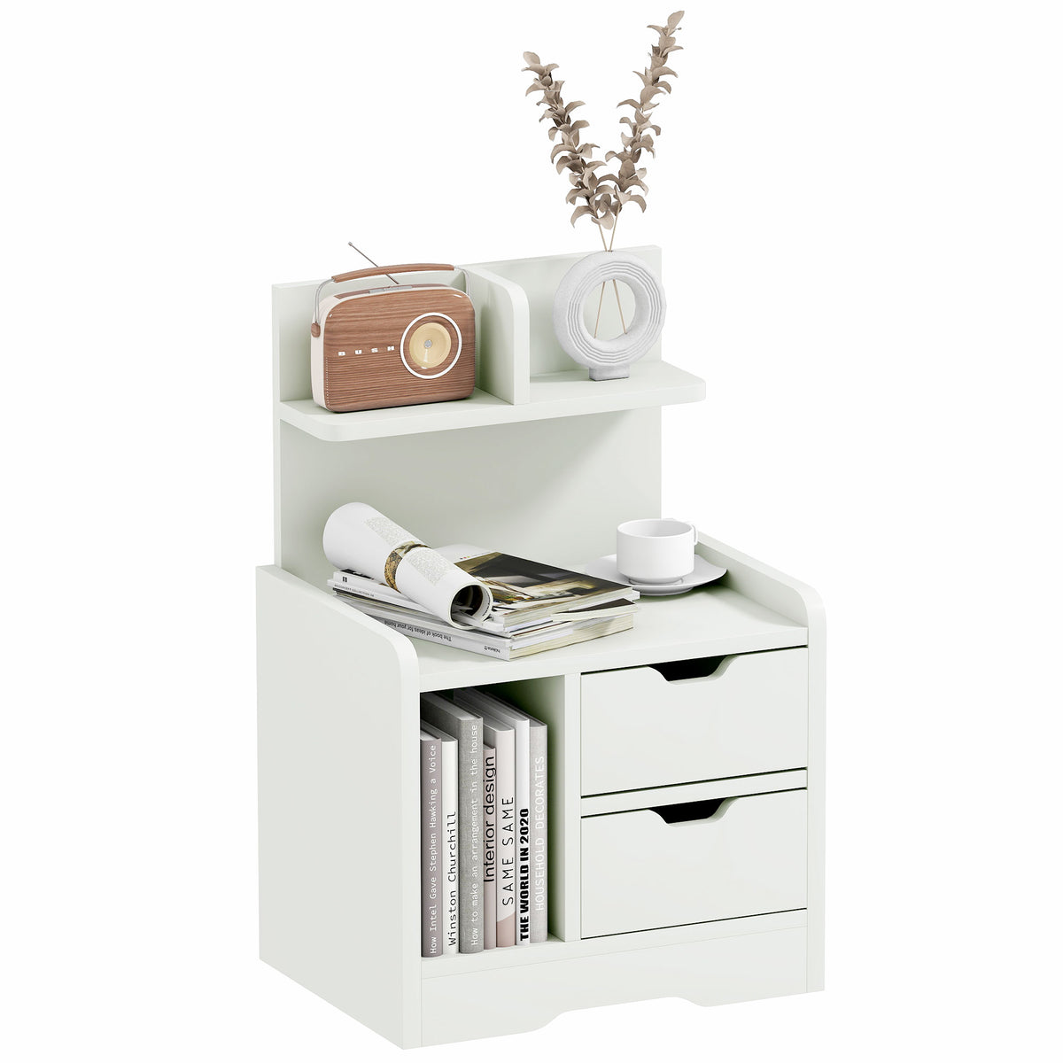 Table de Chevet Table de Nuit Multi-Rangement 2 tiroirs Niche étagère en bois Blanc-0
