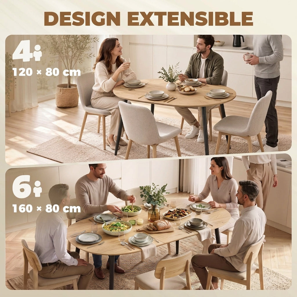 Table à manger extensible ovale pour 4 à 6 personnes, table de cuisine 120-160 cm, bords arrondis, chêne-3
