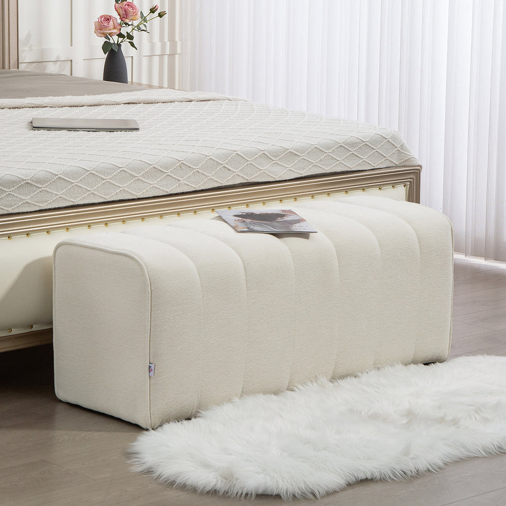 Banc bout de lit, banquette rembourrée, style moderne, ottoman en tissu aspect lin, 110 x 40 x 44 cm, crème-1