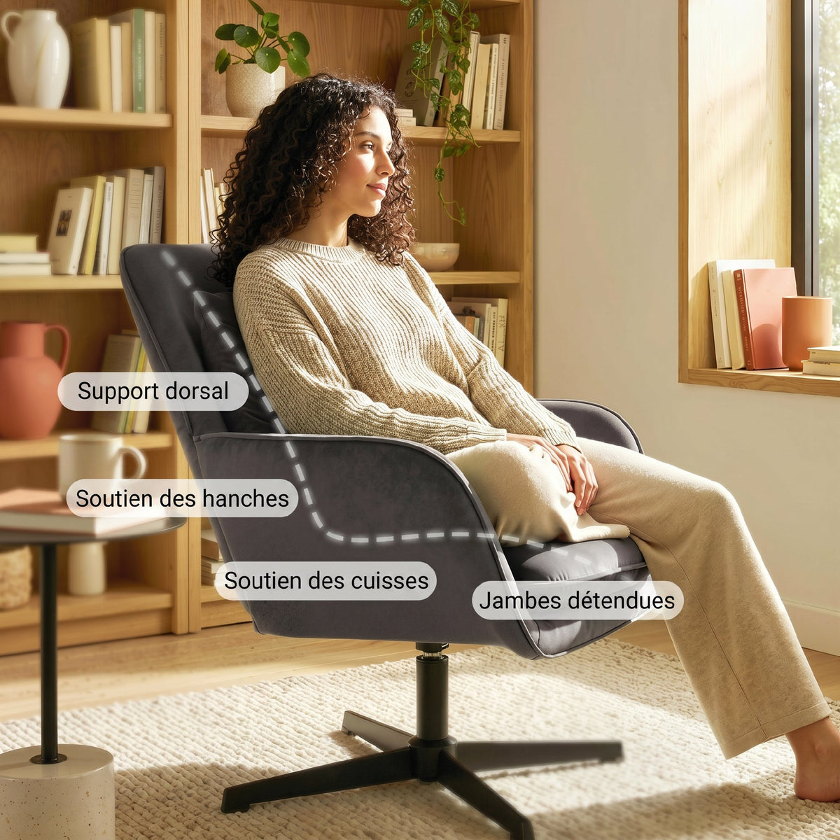 Fauteuil salon, fauteuil d'appoint rembourré en velours avec large assise, coussin et structure en métal, gris foncé-5
