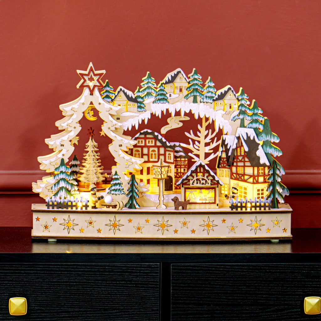 Villaggio di Natale in legno con 20 LED, paesaggio innevato, 45 × 12 × 30 cm