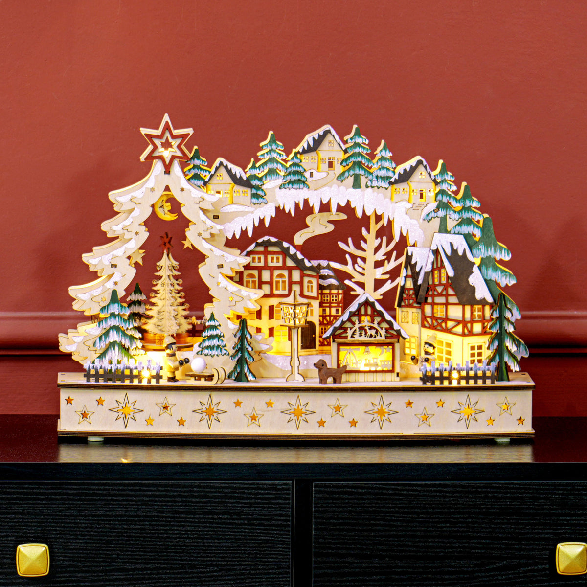 Villaggio di Natale in legno con 20 LED, paesaggio innevato, 45 × 12 × 30 cm