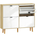 Meuble à chaussures, armoire à chaussures étroite, 4 tiroirs rabattables, porte haute brillante, 105x24x92,5cm, blanc-0