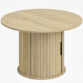 Table basse ronde, table de salon avec rangement, porte coulissante à lattes, 2 étagères, effet bois naturel-0