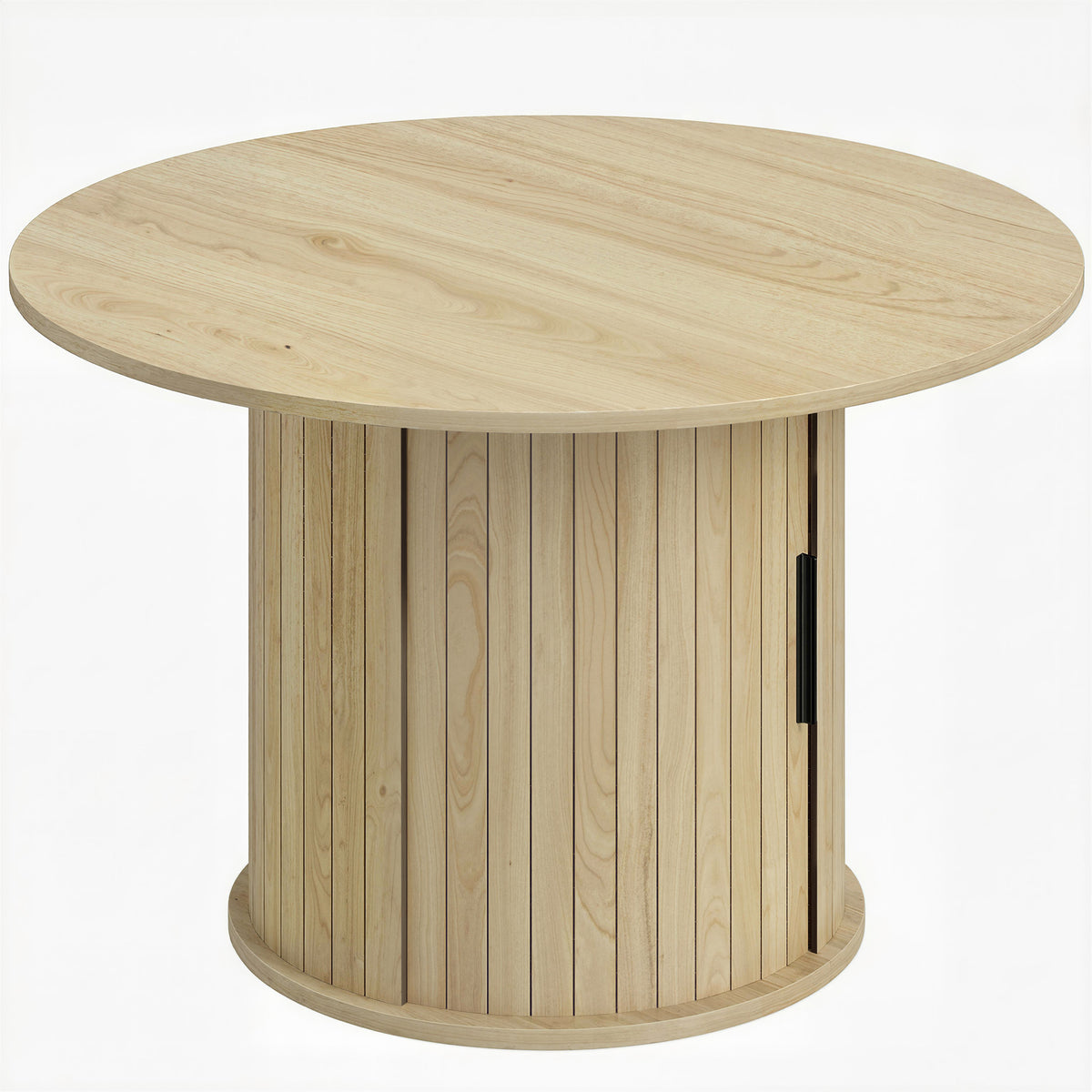 Table basse ronde, table de salon avec rangement, porte coulissante à lattes, 2 étagères, effet bois naturel-0