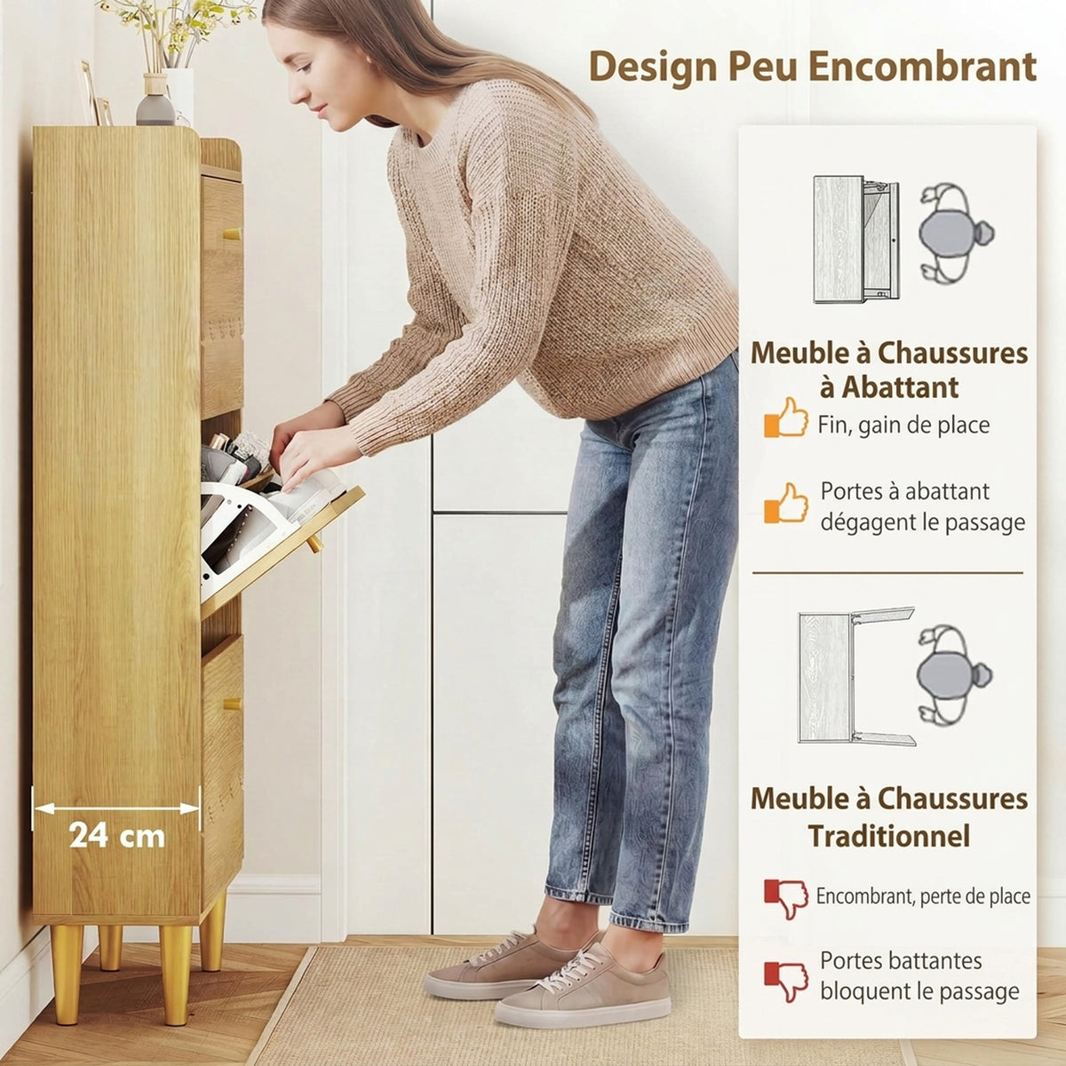 Meuble à chaussures 18 paires, armoire à chaussures étroite, 3 tiroirs rabattables étagères réglables, 60x24x128cm, chêne-3